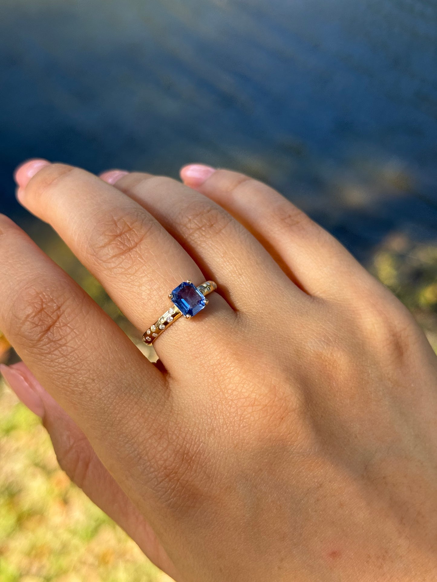 Sapphire Solitaire and Diamond Sprinkle Ring