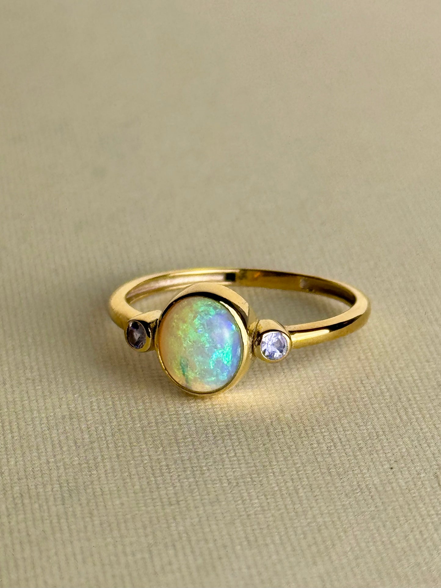 Crystal Opal and Tanzanite Ring